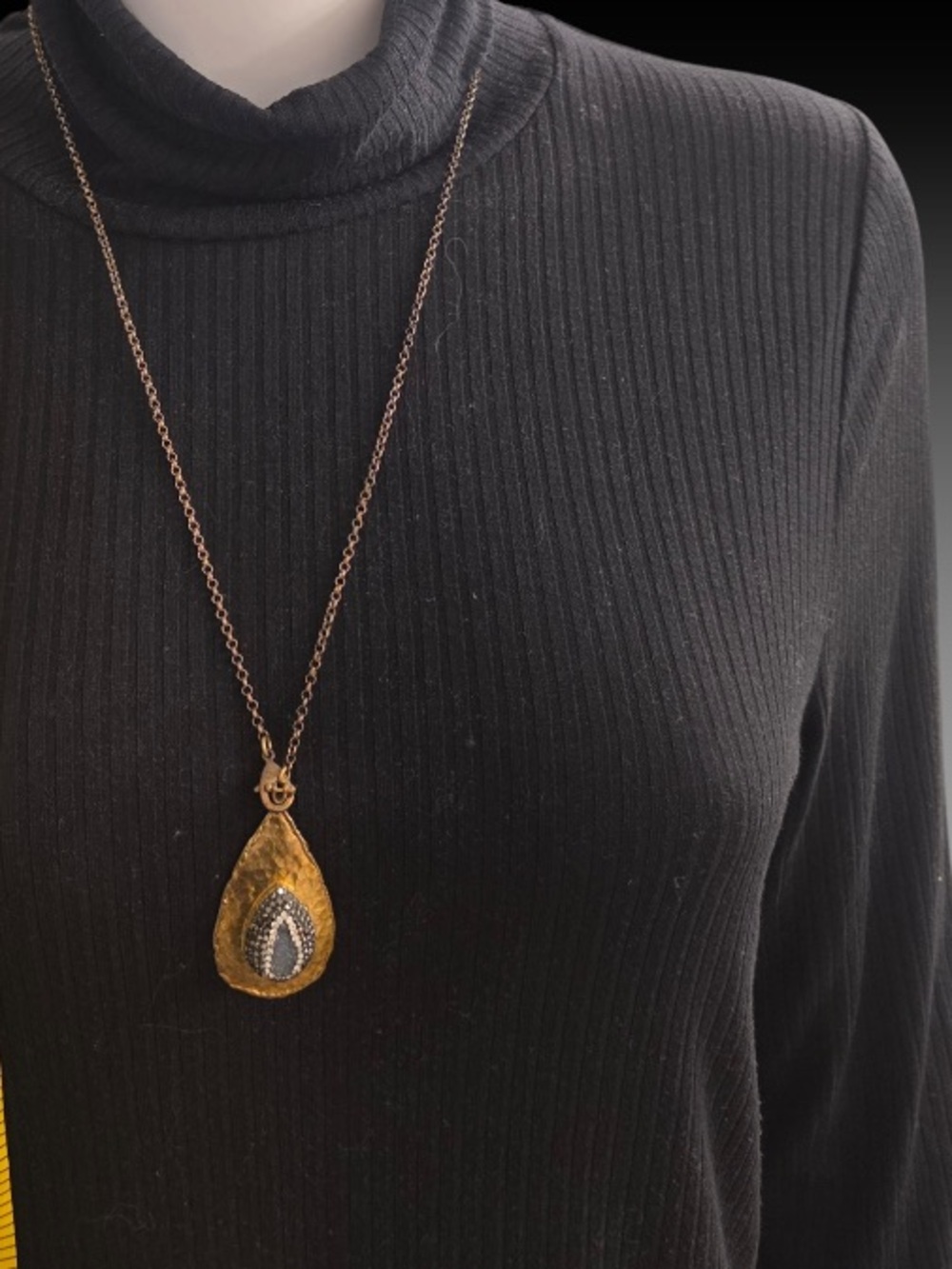 Gold Tone Hammered Teardrop Rhinestone Long Pendant Necklace